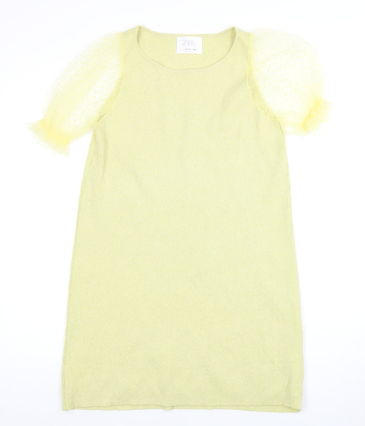 Zara Girls Green Knit Puff Sleeve Shift Dress 13-14 Years
