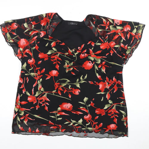 Bm Women’s Black Red Floral Blouse Size 18 Flutter Sleeve