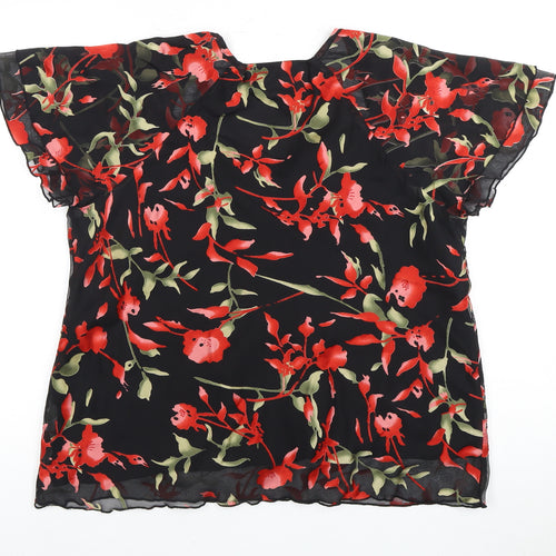Bm Women’s Black Red Floral Blouse Size 18 Flutter Sleeve