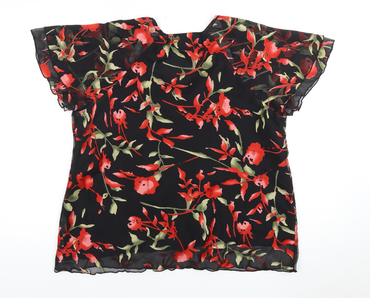 Bm Women’s Black Red Floral Blouse Size 18 Flutter Sleeve