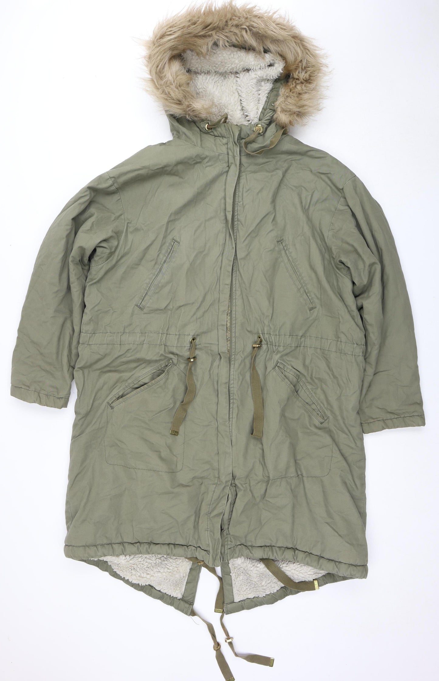 H&M Women's Green Parka Jacket, Size 12, Hooded Winter Coat