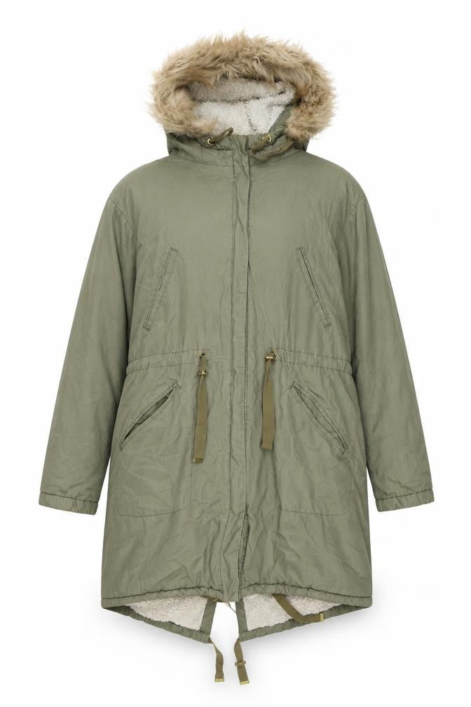 Front view of H&M Women's Green Parka Jacket, size 12, Hooded Winter Coat