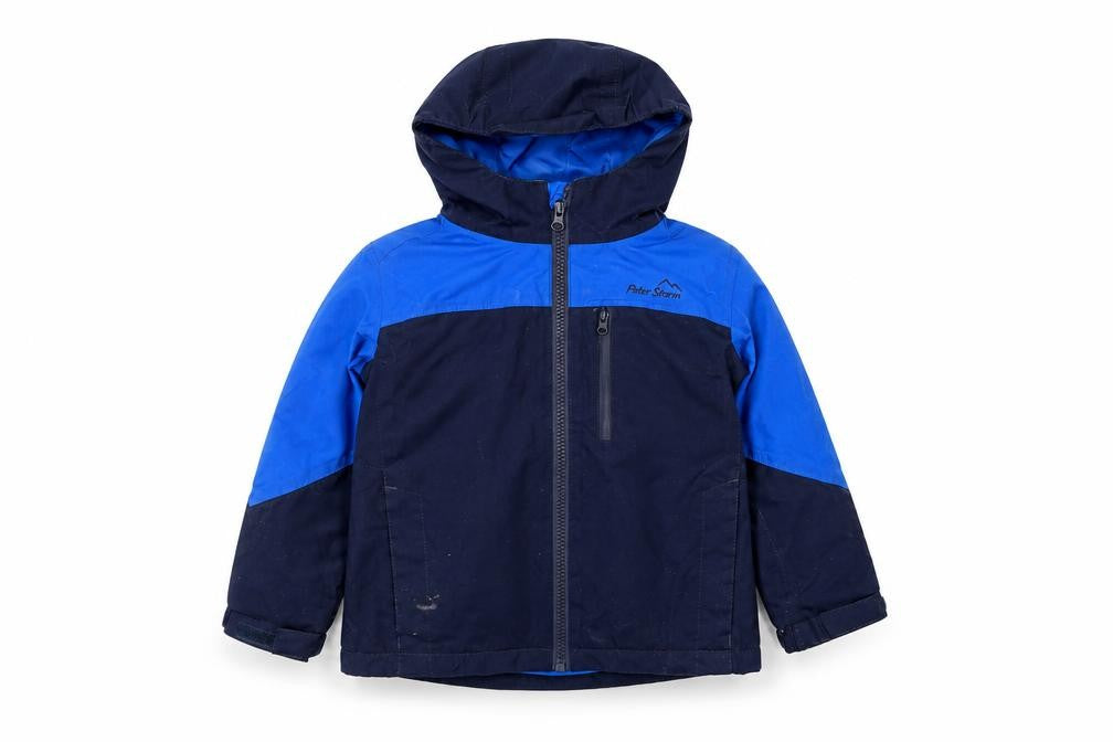 Front view of Peter Storm boys’ blue rain coat 3-4 years hooded lightweight