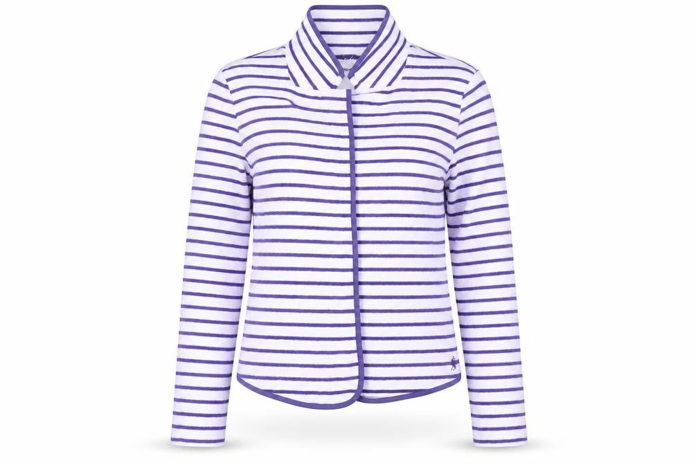 Front view of Joules Women's White/Purple Striped Jacket, size 6