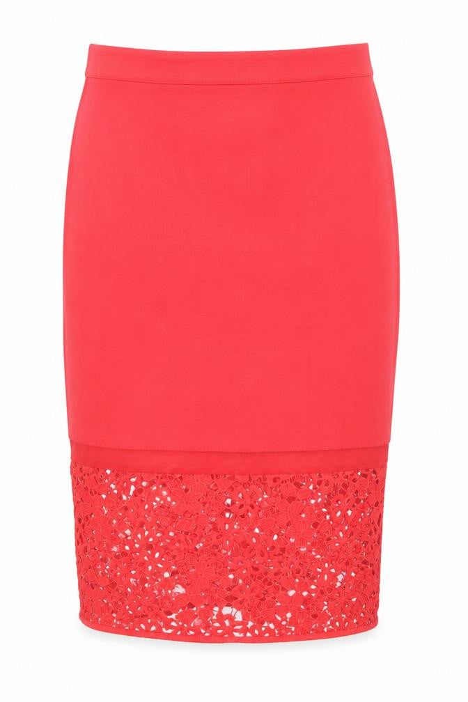 Front view of French Connection Women's Red Lace Pencil Skirt, size 8