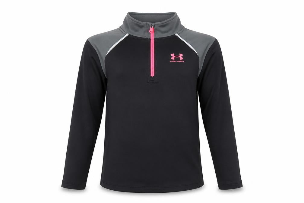Front view of Under Armour girls’' black athletic pullover, m with 1/4 zip