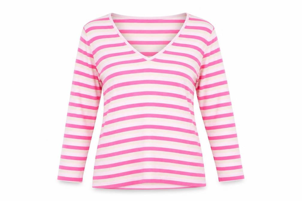 Front view of Jasper Conran Women's Pink Striped Long Sleeve V-Neck Tee