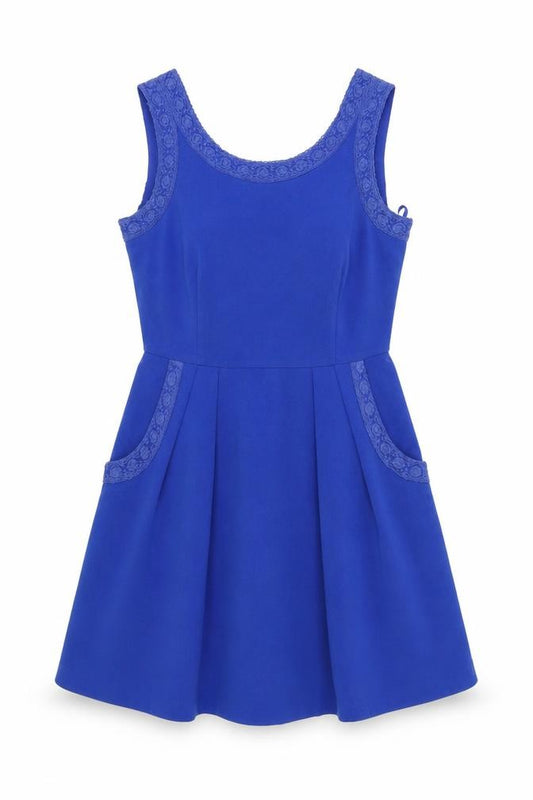 Front view of Louche Women's Blue A-Line Sleeveless Dress, size 12