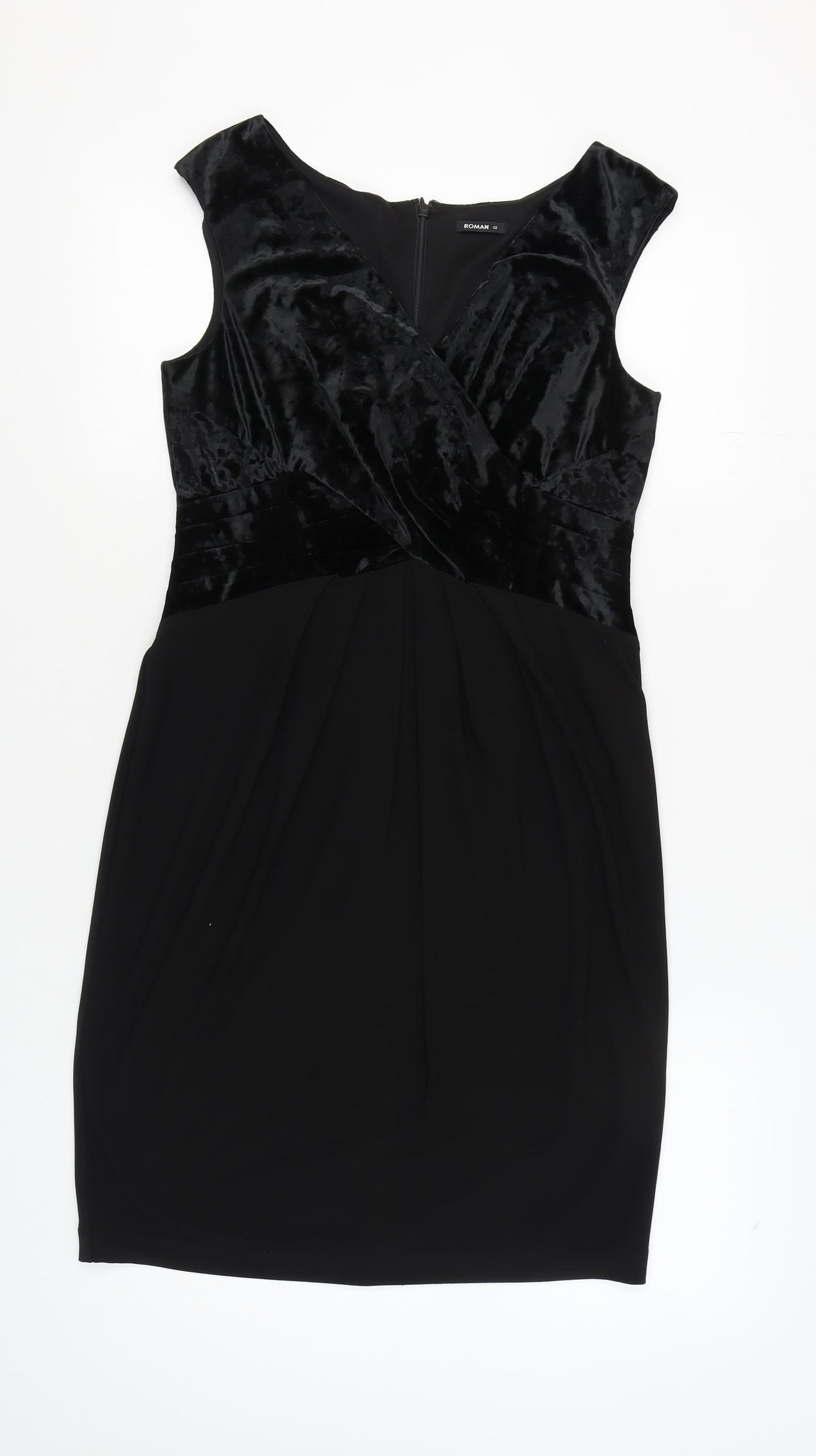 Roman Women’s Black V-Neck Velour Dress Size 12