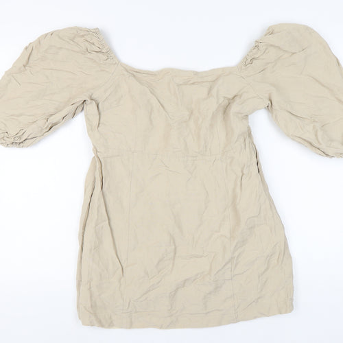Warehouse Beige Puff Sleeve Women's Linen Blouse Size 16