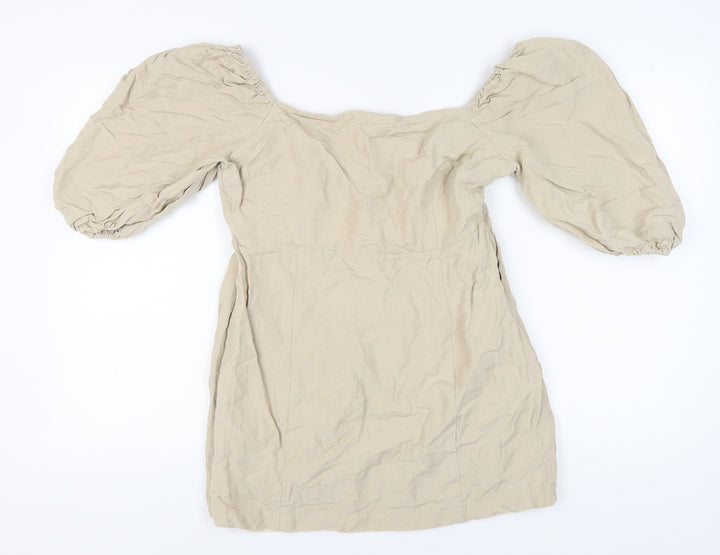 Warehouse Beige Puff Sleeve Women's Linen Blouse Size 16