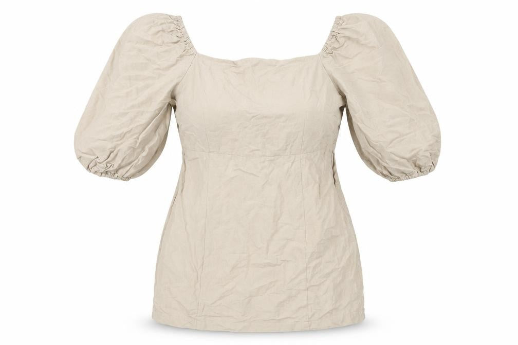 Front view of Warehouse Beige Puff Sleeve Women's Linen Blouse, size 16