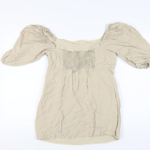 Warehouse Beige Puff Sleeve Women's Linen Blouse Size 16