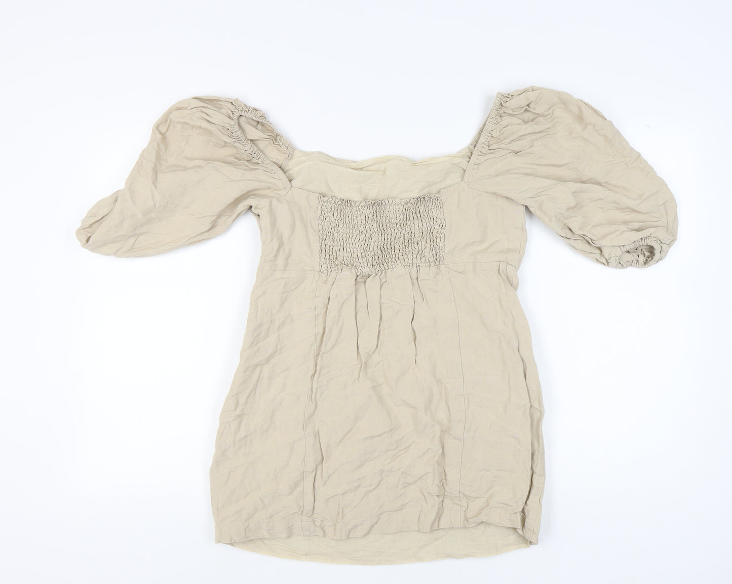 Warehouse Beige Puff Sleeve Women's Linen Blouse Size 16