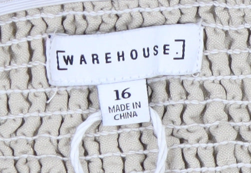 Warehouse Beige Puff Sleeve Women's Linen Blouse Size 16