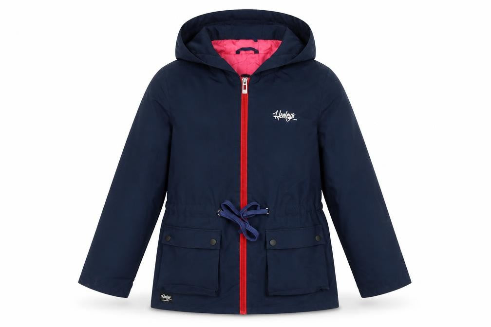 Front view of Henleys girls’ blue jacket 9-10 years hooded mid-length