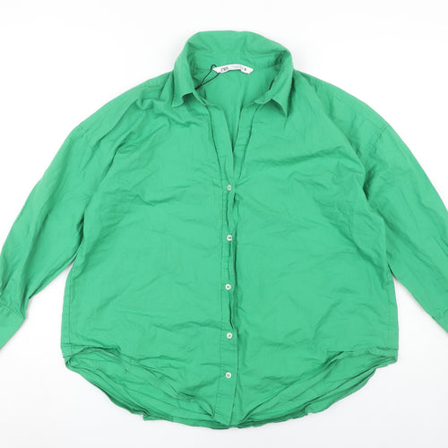 Zara Women's Green Collared Button-Up Shirt, S