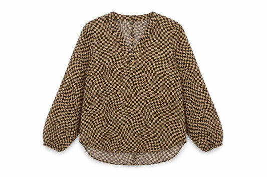 Front view of Marks & Spencer Women’s Brown Check Blouse, size UK 12