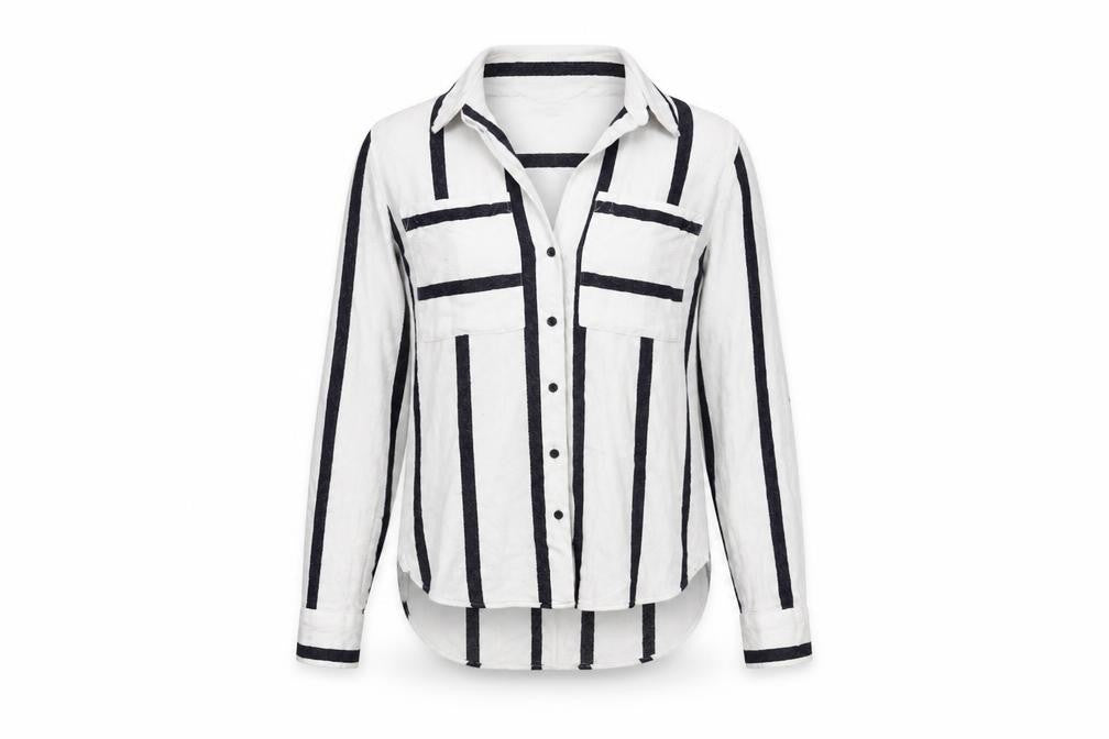 Front view of Next Women's White Striped Button-Up Shirt, size 6
