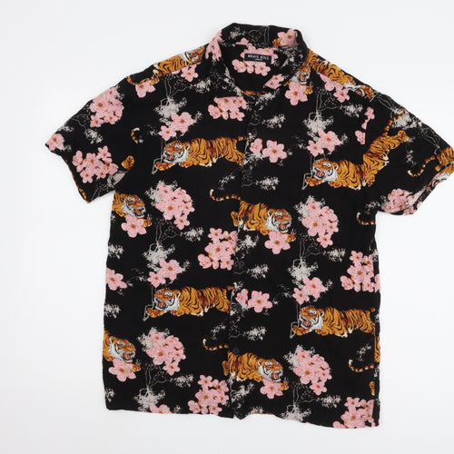 Brave Soul Men's Black Tiger Print Short Sleeve Shirt