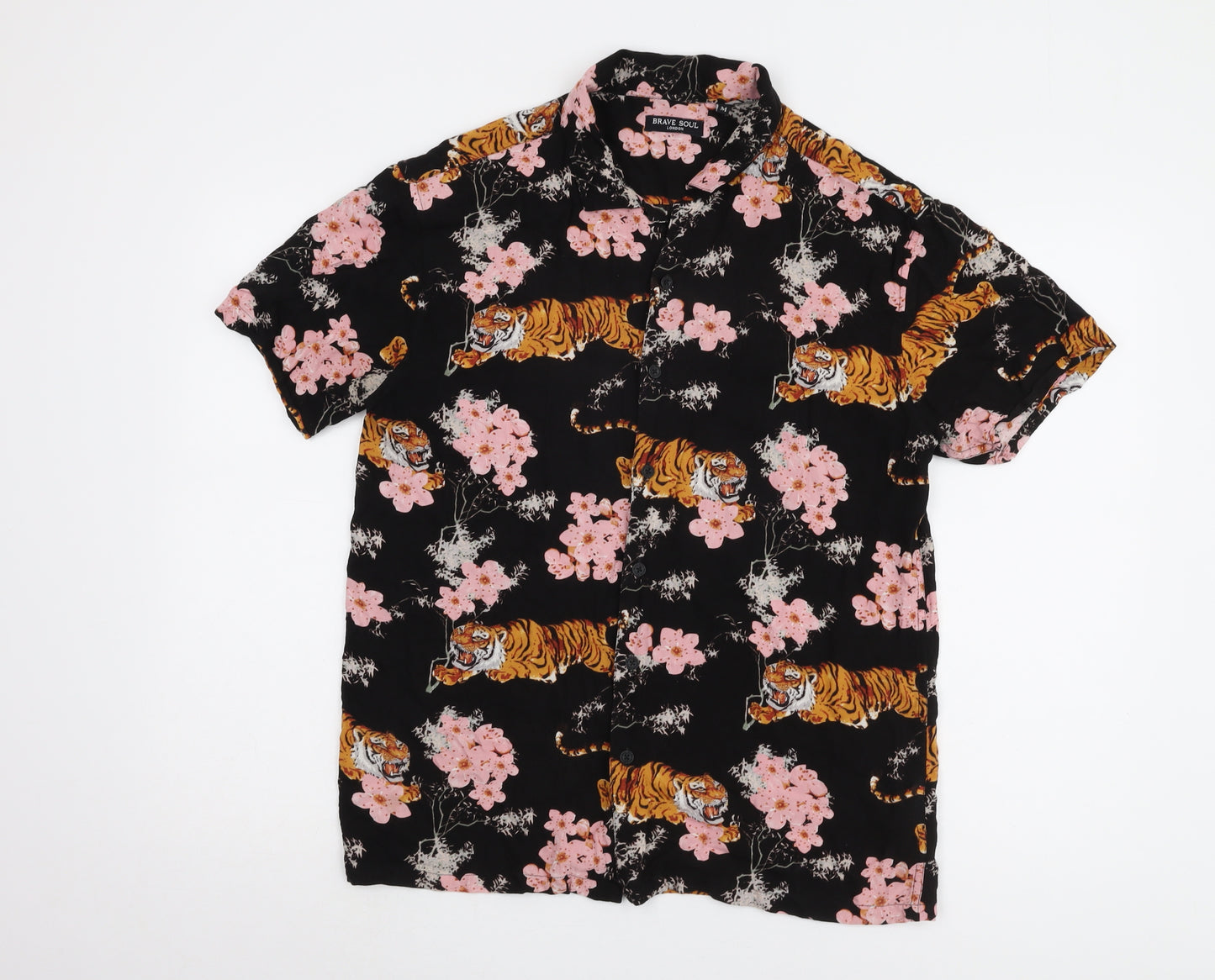 Brave Soul Men's Black Tiger Print Short Sleeve Shirt