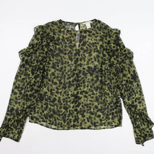 H&M Women’s Green Animal Print Blouse, Size 6, Long Sleeve