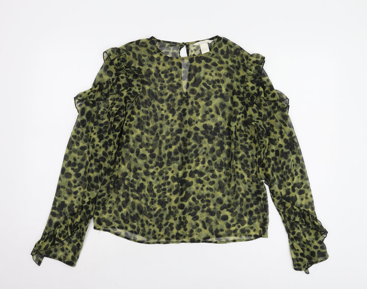 H&M Women’s Green Animal Print Blouse, Size 6, Long Sleeve