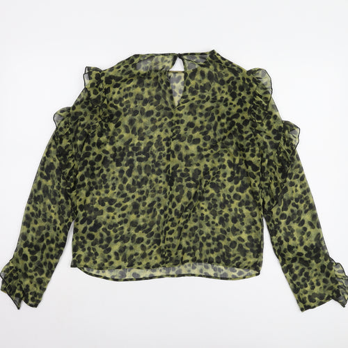 H&M Women’s Green Animal Print Blouse, Size 6, Long Sleeve