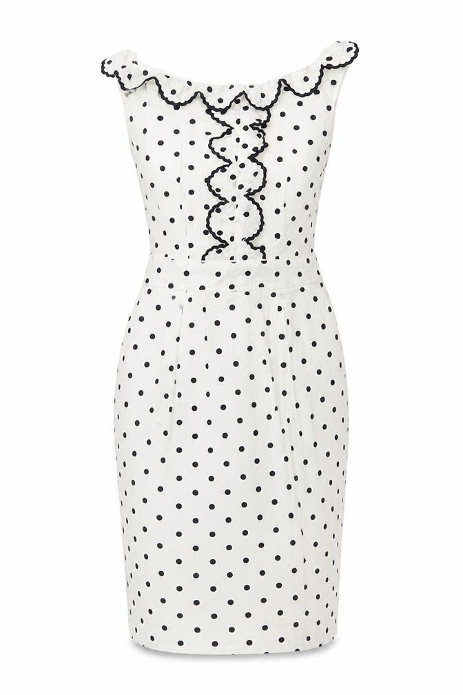 Front view of Boden Women's White Polka Dot Dress, size 6, Sleeveless