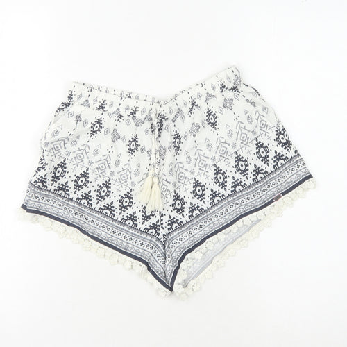 Superdry Women's White Printed Shorts with Tassels