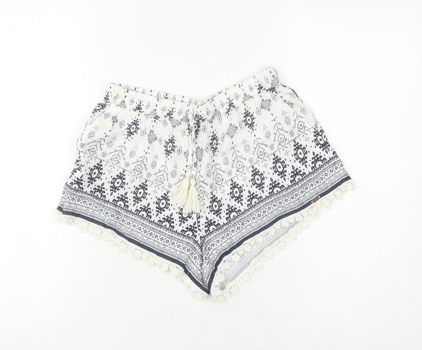 Superdry Women's White Printed Shorts with Tassels