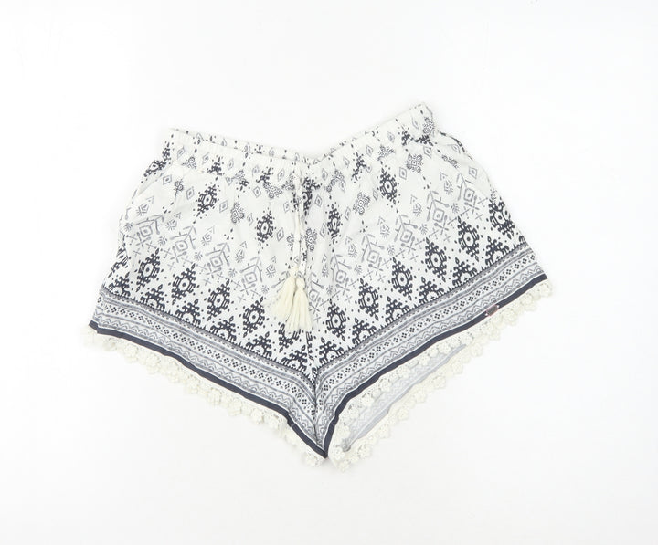 Superdry Women's White Printed Shorts with Tassels