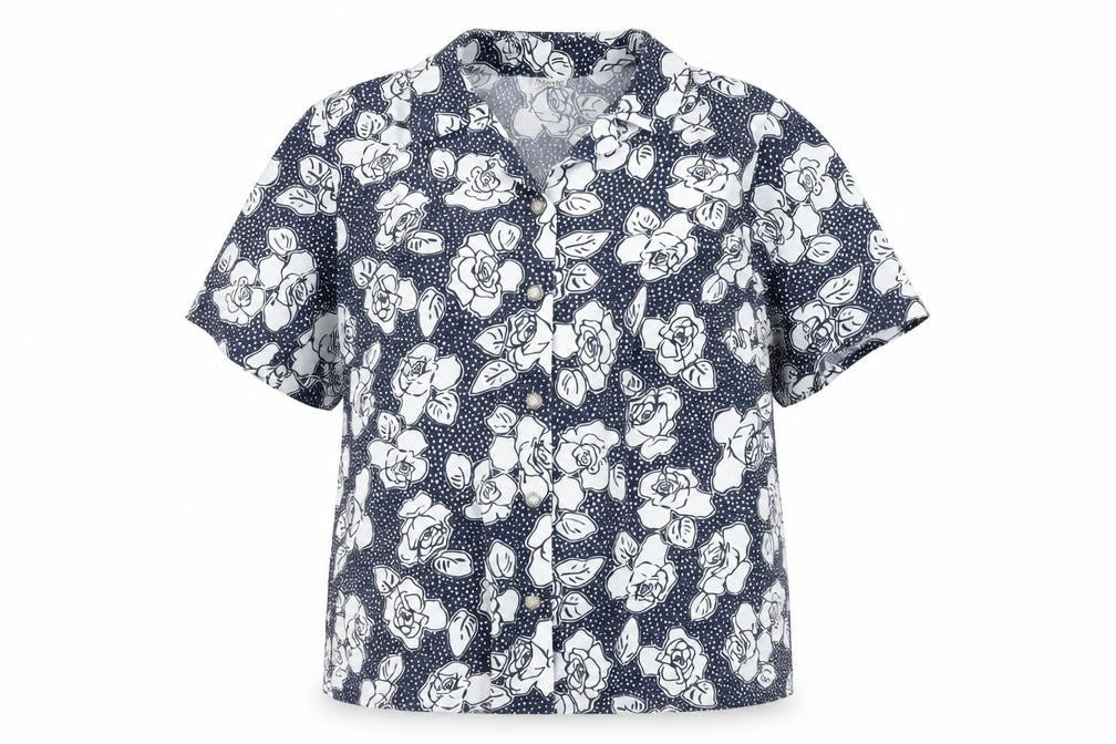 Front view of Damart Women's Blue Floral Button-Up Shirt, size 20