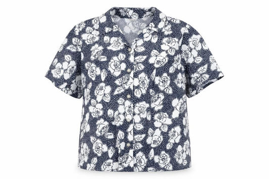 Front view of Damart Women's Blue Floral Button-Up Shirt, size 20