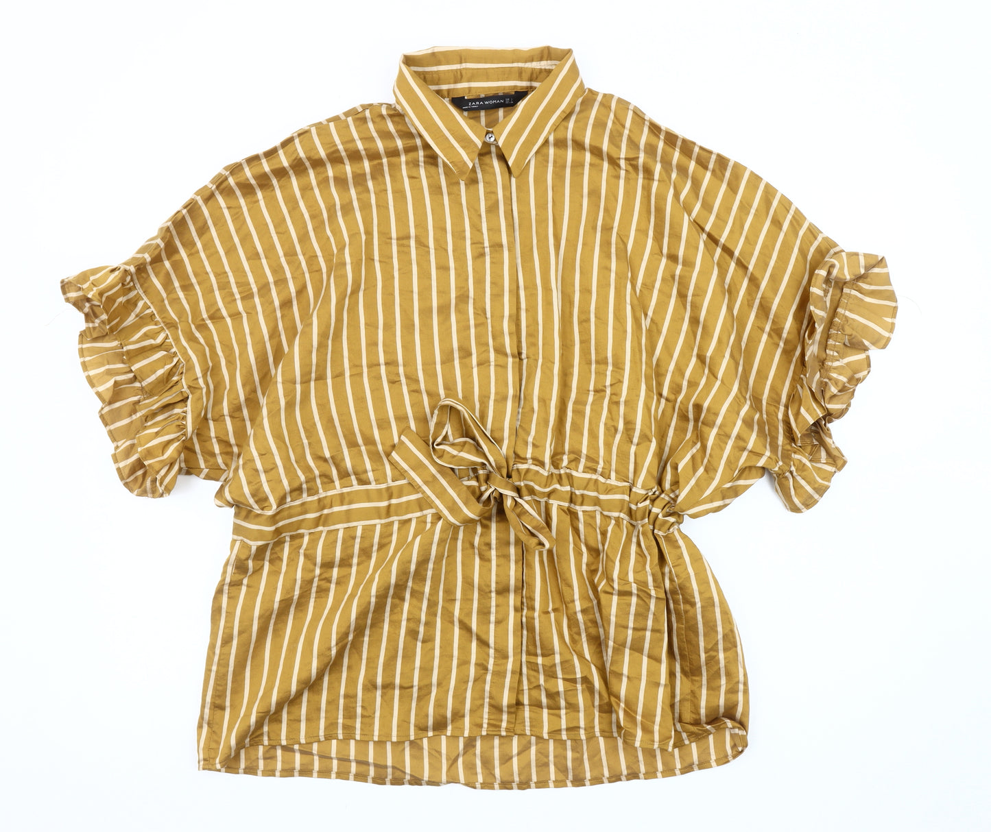 Zara Woman Brown Striped Blouse, Size 12, Collared