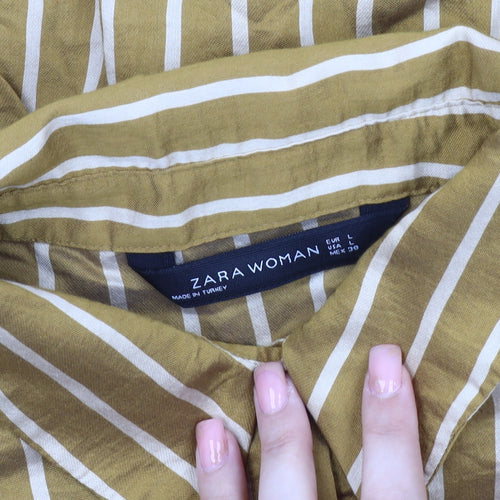 Zara Woman Brown Striped Blouse, Size 12, Collared