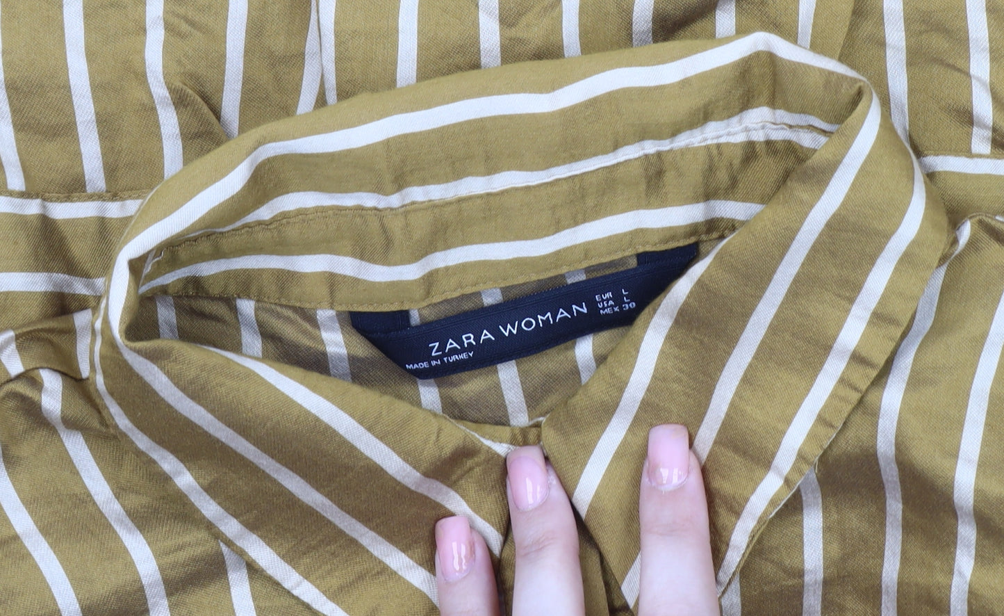 Zara Woman Brown Striped Blouse, Size 12, Collared