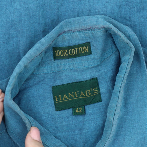 HANFAB'S Men's Blue Long Sleeve Shirt, Size 42, Casual