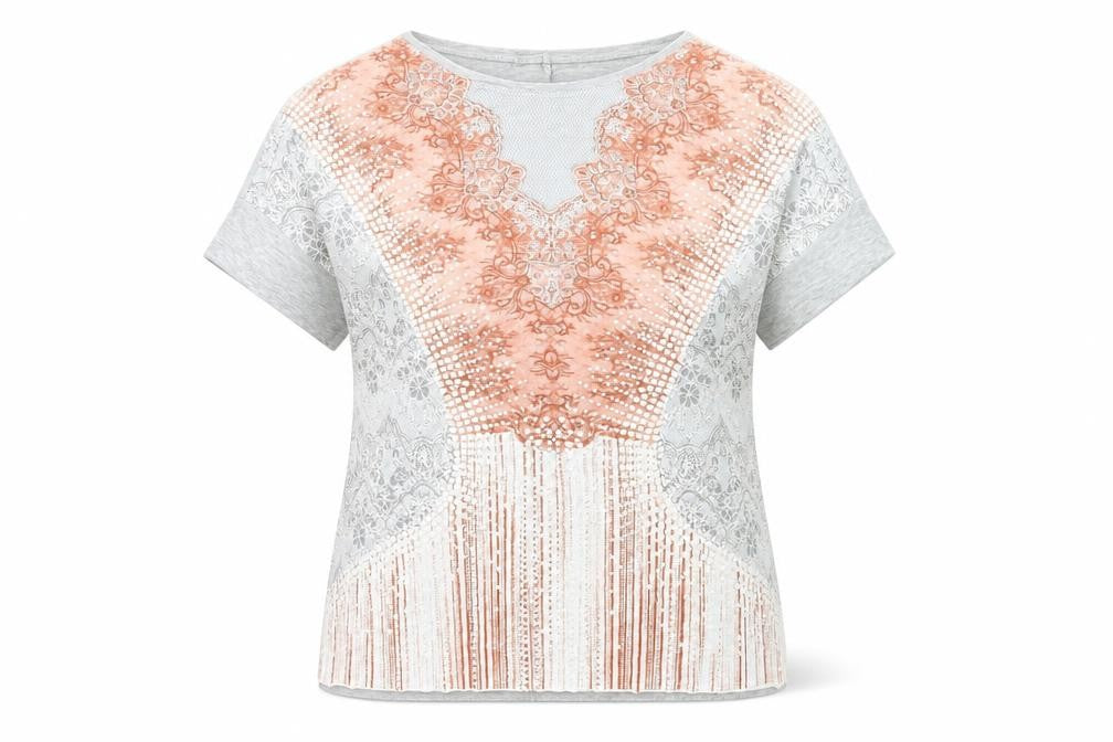 Front view of Zara Women's Grey & Pink Lace T-Shirt, size 12