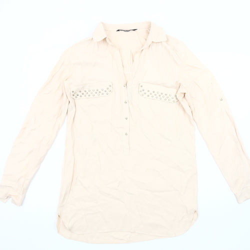 Zara Women's Beige Studded Blouse, Size 12, Long Sleeve