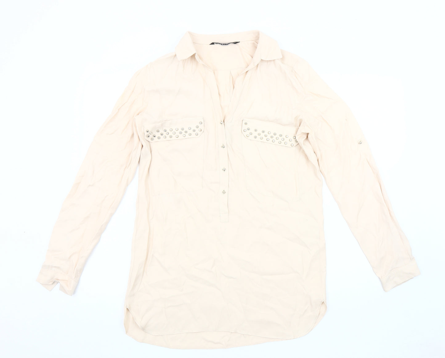 Zara Women's Beige Studded Blouse, Size 12, Long Sleeve