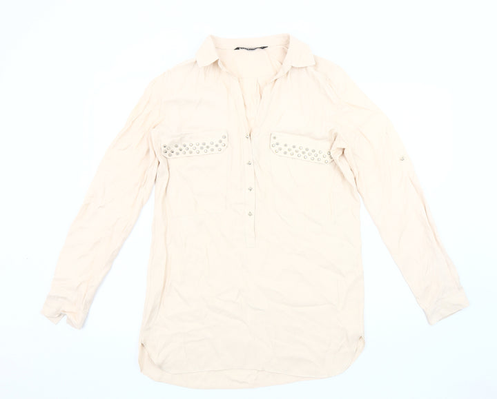 Zara Women's Beige Studded Blouse, Size 12, Long Sleeve