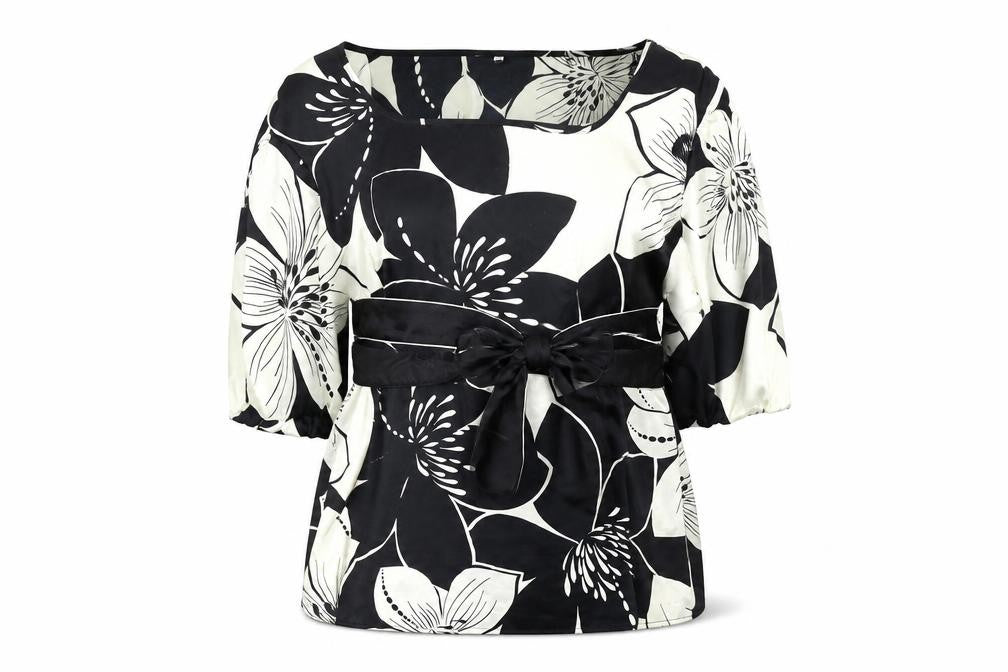 Front view of M&Co Women's Black Floral Blouse, size 20