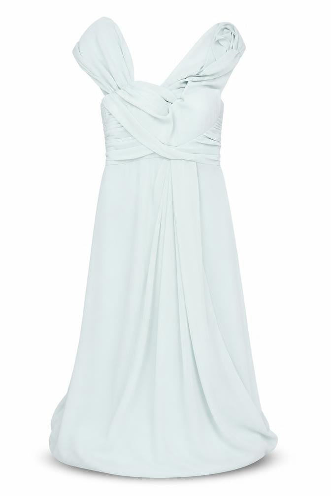 Front view of Jarlo Green Women's Long Dress, Ruffle Accents