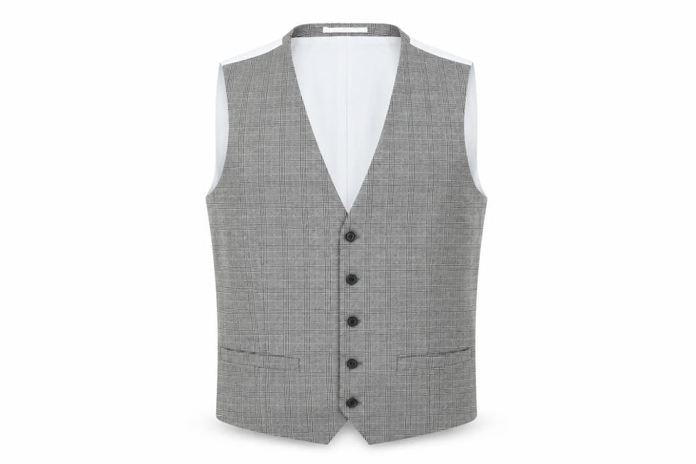 Front view of Moss London Men's Grey Check Waistcoat, size 42L, Formal