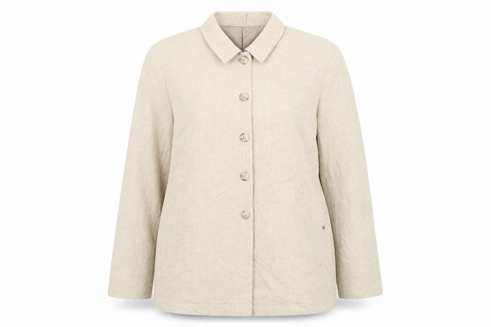 Front view of St Bernard Women's Beige Linen Blazer, size 16, Casual Style