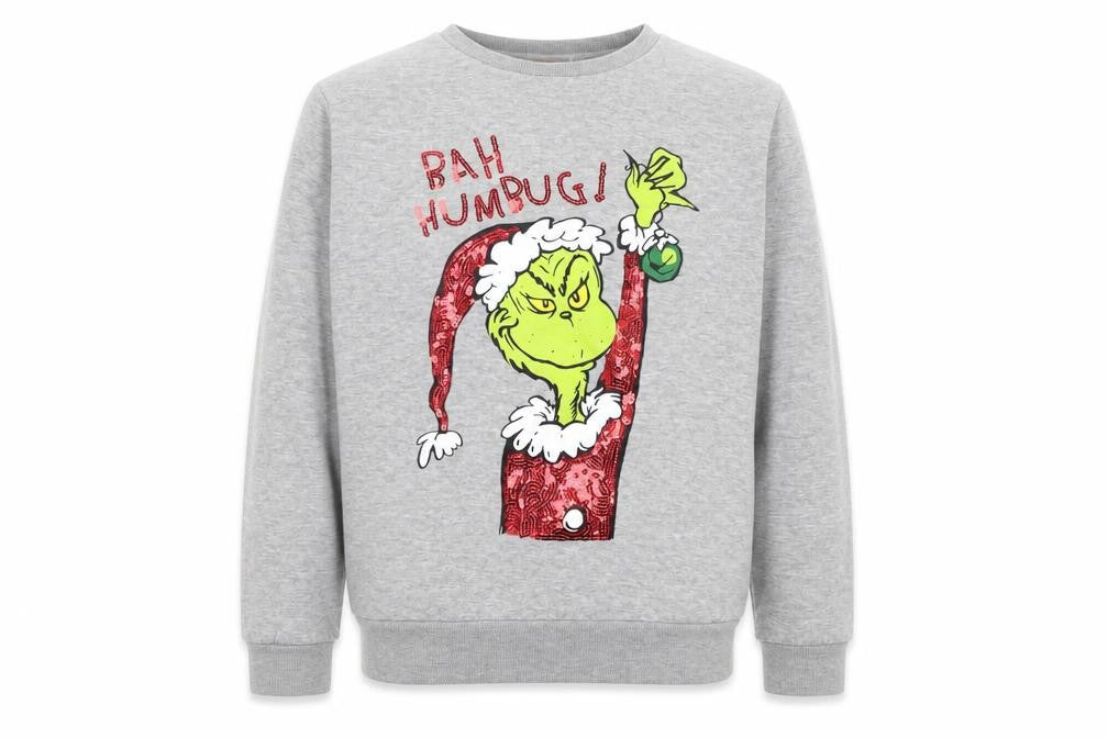 Front view of The Grinch unisex grey christmas sweatshirt, size S
