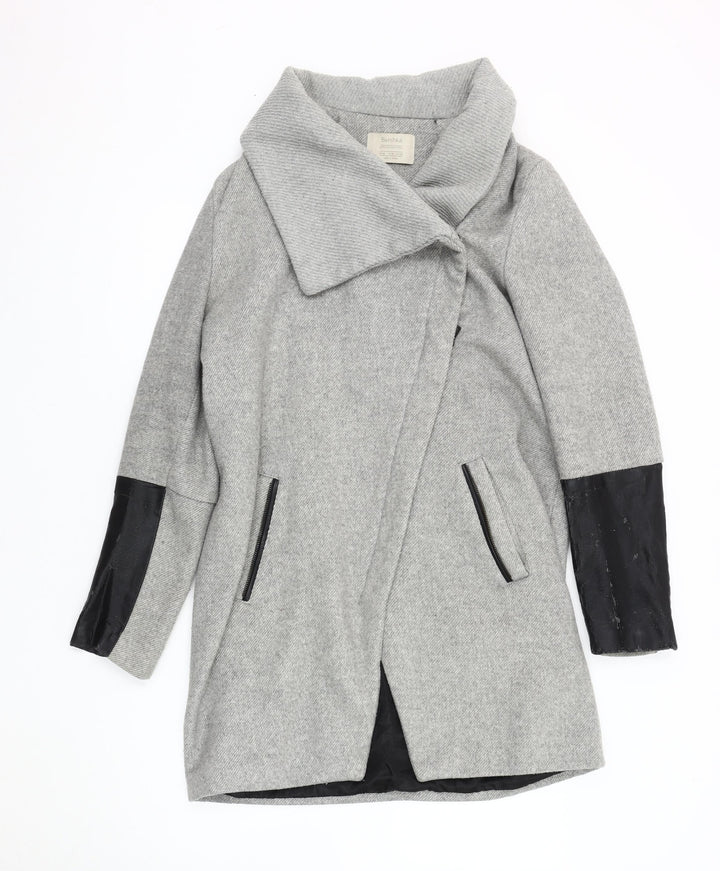 Bershka Women's Grey Overcoat - Size S, Wool Blend