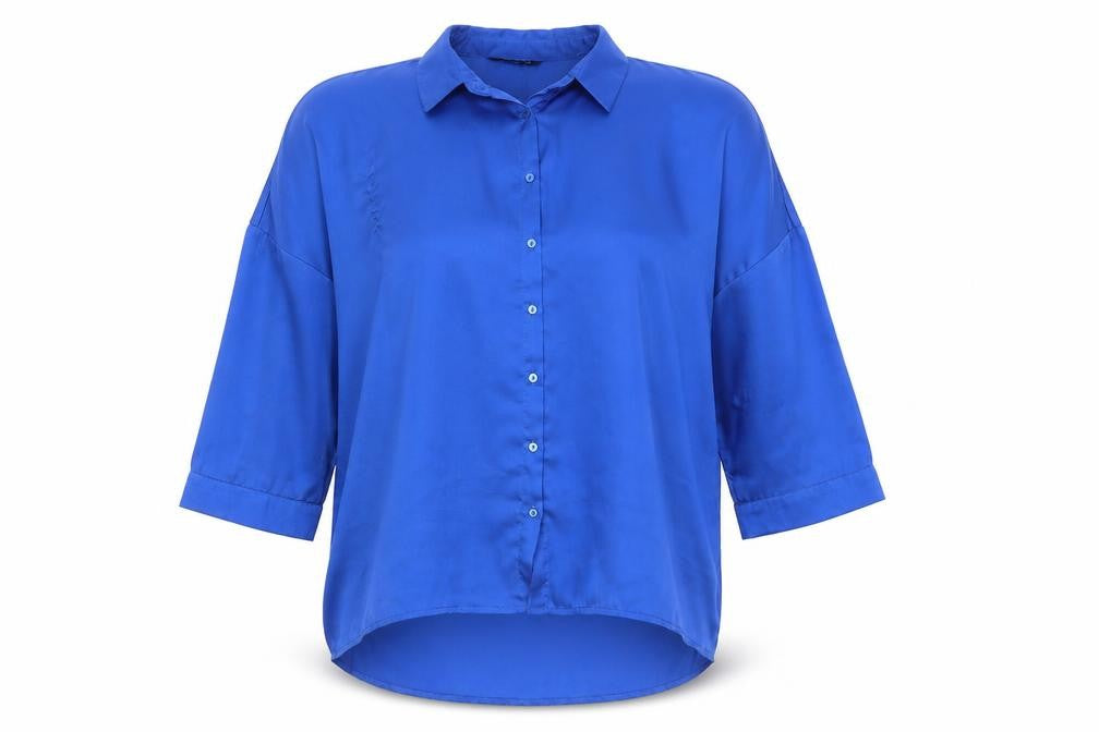 Front view of Stradivarius Women's Blue Relaxed Button-Up Shirt S