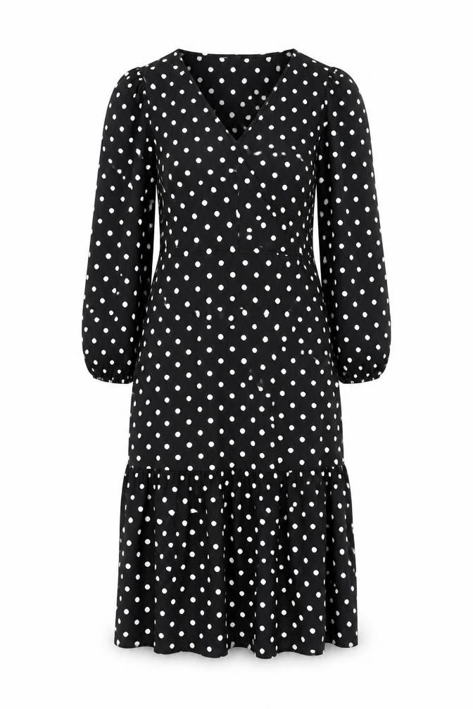 Front view of Friends Like These Women's Black Polka Dot Shift Dress